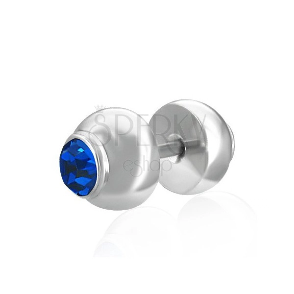Fake plug all'orecchio in acciaio - zircone blu incastonato
