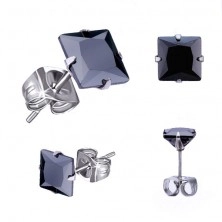 Orecchini in acciaio 316L, color argento, quadrato nero in zircone, misure varie
