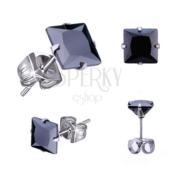 Orecchini in acciaio 316L, color argento, quadrato nero in zircone, misure varie