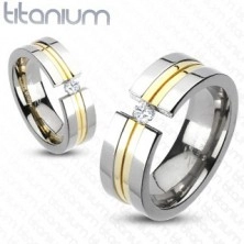 Anello in titanio - due strisce di colore oro, zircone