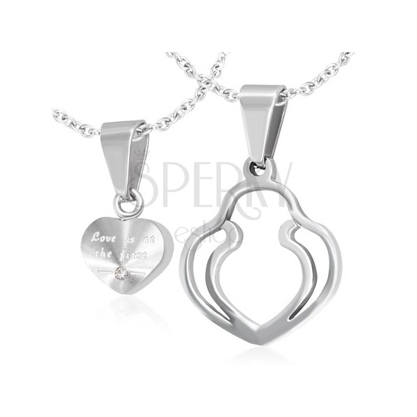 Ciondoli per la coppia - cuore di colore argento, doppio contorno del cuore, zircone