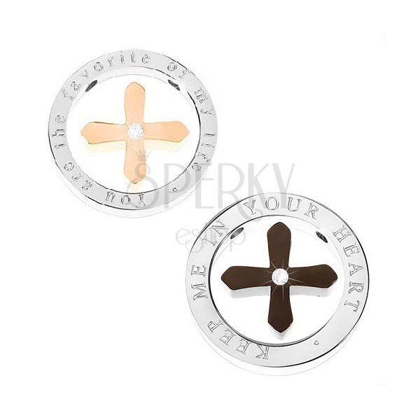 Ciondoli per due - croce nera e bronzo nel cerchio di colore argento con scritta