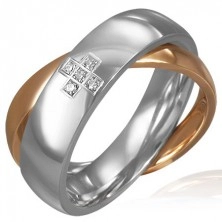Doppio anello d'acciaio - croce in zirconi, colore oro e argento