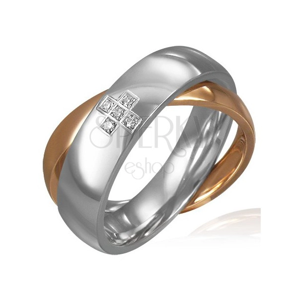 Doppio anello d'acciaio - croce in zirconi, colore oro e argento