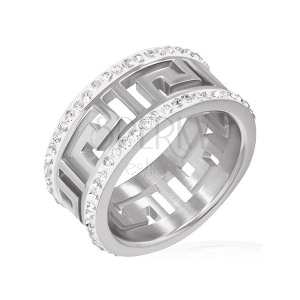 Anello lucido d'acciaio con intaglio - un simbolo greco, strisce luminose