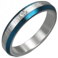 Anellino di fidanzamento - strisce blu, zircone, scritta