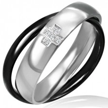 Doppio anello in acciaio - in colore nero e argento, piccola croce