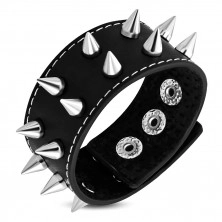 Bracciale in vera pelle nera - rivetti con cono in color argento