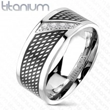 Anello in titanio - colore nero e argento, zirconi in linea diagonale