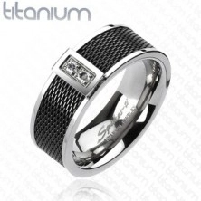 Anello in titanio - motivo nero reticolato, due zirconi trasparenti