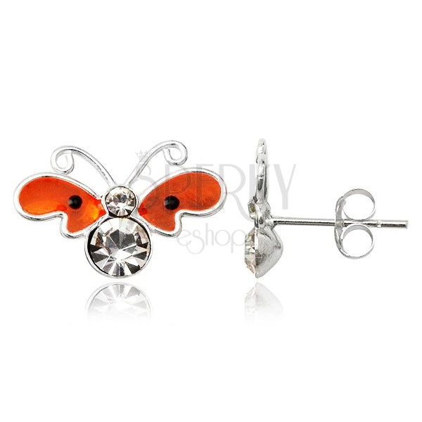 Orecchini a bottone in argento 925 - farfalla piana arancione, zirconi
