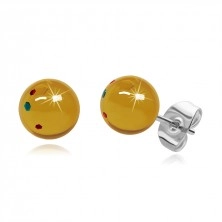Orecchini in acciaio - palline di ambra sintetica gialla, 8 mm
