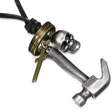 Collana di cuoio - martello, teschio, croce e cerchi