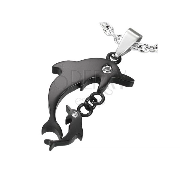 Ciondolo nero in acciaio inox, grande e piccolo delfino con zirconi