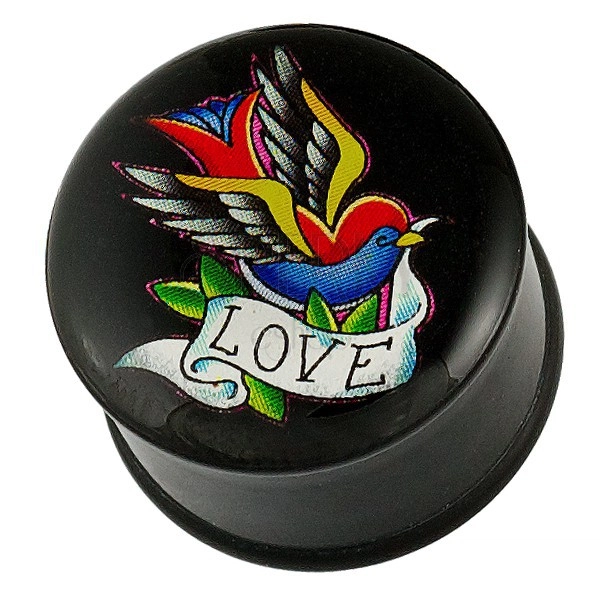 Plug all'orecchio - uccello colorato, nastro e scritta LOVE