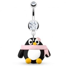 Piercing per ombelico - pinguino, sciarpa rosa e fiore, zirconi