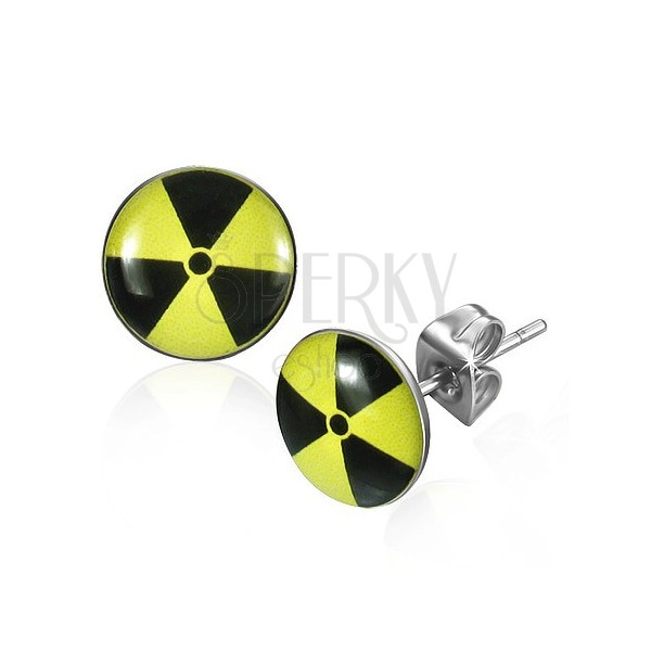 Orecchini tondi in acciaio - simbolo di radioattività giallo nero