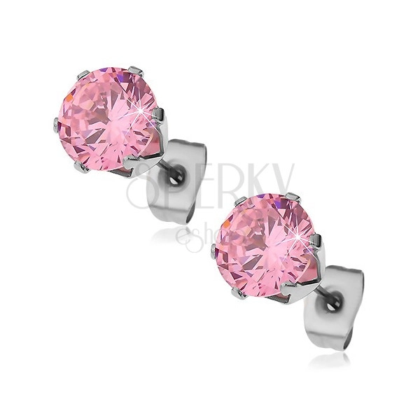 Orecchini realizzati in acciaio inox con zircone rosa, 6 mm