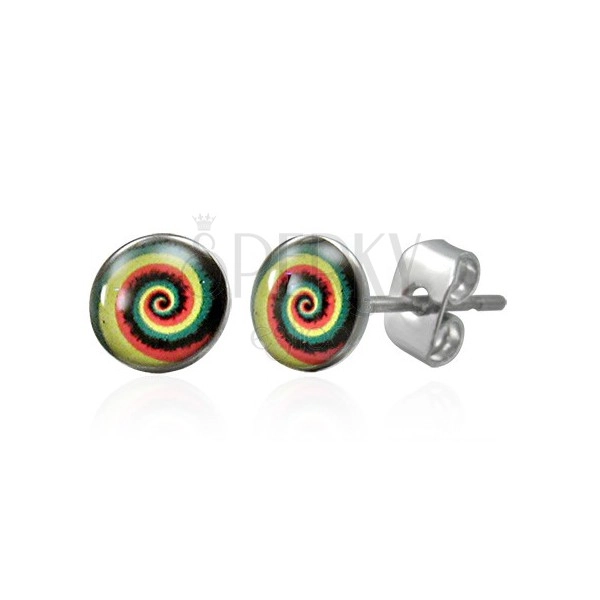 Orecchini realizzati in acciaio inox con una spirale colorata, perno e farfalla