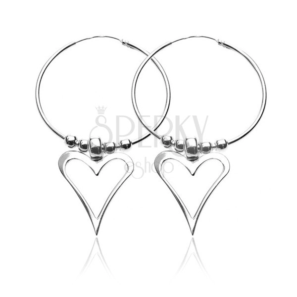 Orecchini d'argento 925 - cerchi con palline e cuore asimmetrico