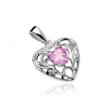 Ciondolo d'argento 925 - cuore ornato con cuoricino in zircone rosa al centro