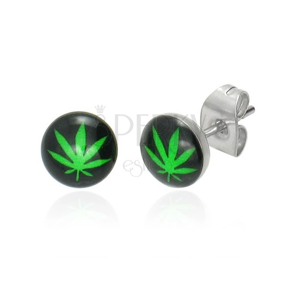 Orecchini in acciaio con immagine verde, foglia di cannabis, chiusura a perno