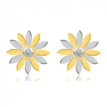 Orecchini in acciaio - fiore con petali in colori dorato e argento e zircone