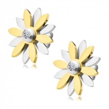 Orecchini in acciaio - fiore con petali in colori dorato e argento e zircone