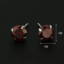 Orecchini a bottone in argento 925 - zirconi rossi rotondi, 7 mm