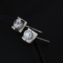 Orecchini a bottone in argento 925 - zircone chiaro in mattonella lucida