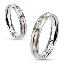Anello d'acciaio - colore argento, riga centrale in colore oro e zircone