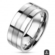 Anello d'acciaio - colore argento, fede con due righe, opaco-lucido