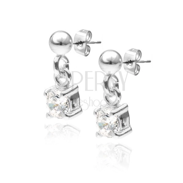 Orecchini a bottone in argento 925 - zircone pendente rotondo chiaro, 4 mm