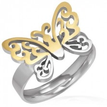 Anello d'acciaio - farfalla intagliata in colore oro-argento