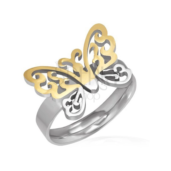 Anello d'acciaio - farfalla intagliata in colore oro-argento