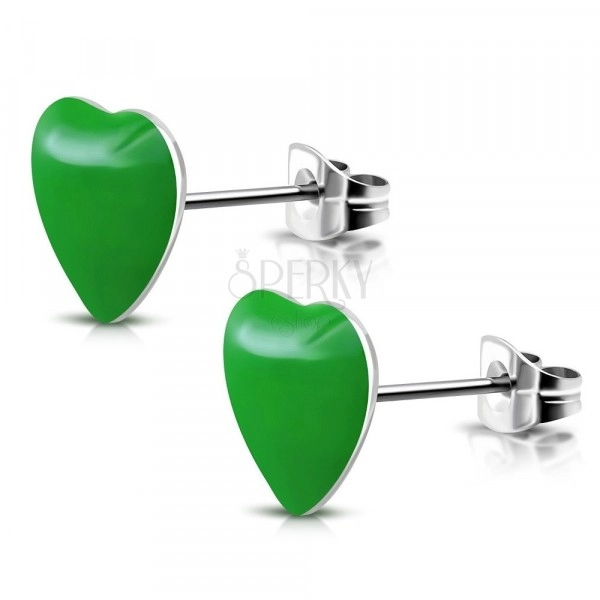 Orecchini in acciaio con cuoricini verdi, a bottone