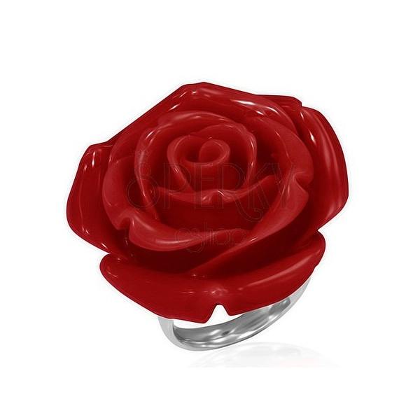 Anello in acciaio - una rosa rossa fiorita in resina